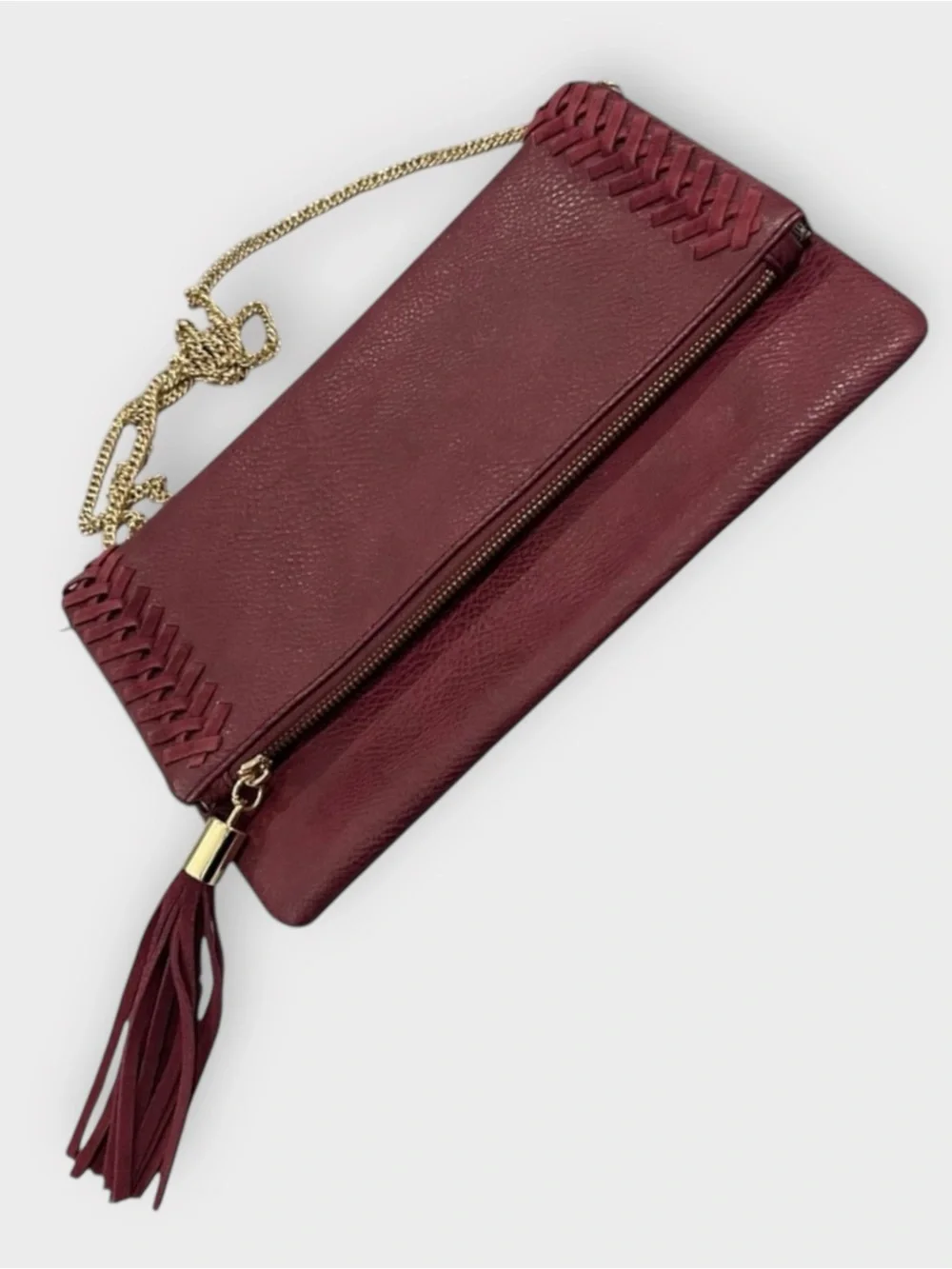 Burgundy Foldover Tassel Crossbody Bag with Chain Strap
